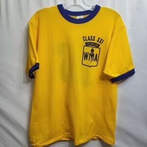 Vtg 80s Russell Athletic WMA Ringer Waffle Weave T-Shirt Yellow Blue Large